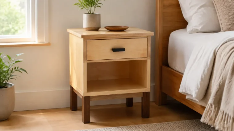Finished DIY nightstand with one drawer, open shelf and dark wood base