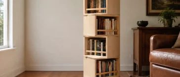 Finished four-tier DIY rotating bookshelf with alternating birch plywood cubbies on a square base