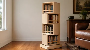 Finished four-tier DIY rotating bookshelf with alternating birch plywood cubbies on a square base