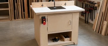 Finished DIY router table with cabinet base, adjustable fence and dust collection in a small woodworking shop