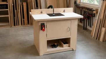 Finished DIY router table with cabinet base, adjustable fence and dust collection in a small woodworking shop