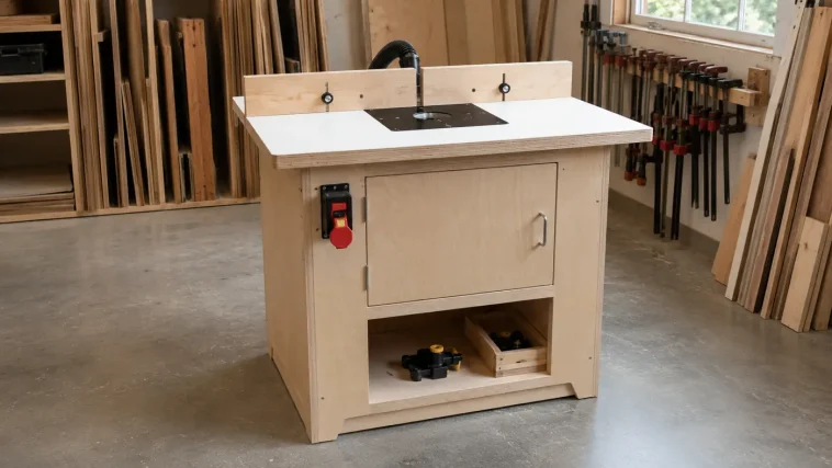 Finished DIY router table with cabinet base, adjustable fence and dust collection in a small woodworking shop