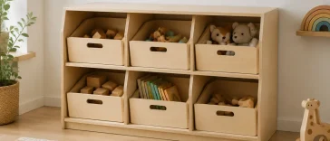 Finished DIY toy storage organizer with six removable wooden bins in a bright playroom