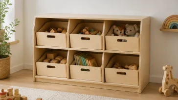 Finished DIY toy storage organizer with six removable wooden bins in a bright playroom