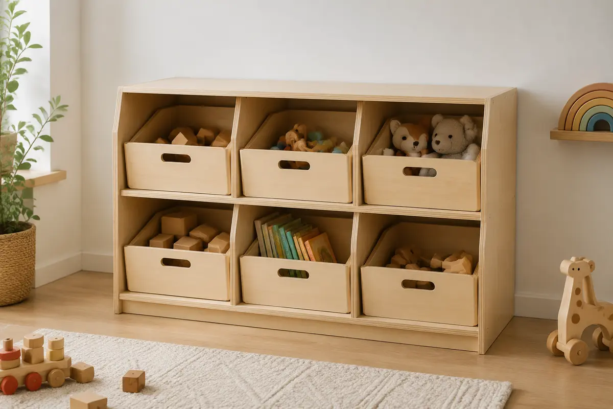 Finished DIY toy storage organizer with six removable wooden bins in a bright playroom