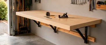 Completed DIY folding wall-mounted workbench open in a small garage workshop