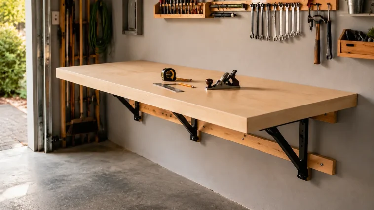 Completed DIY folding wall-mounted workbench open in a small garage workshop