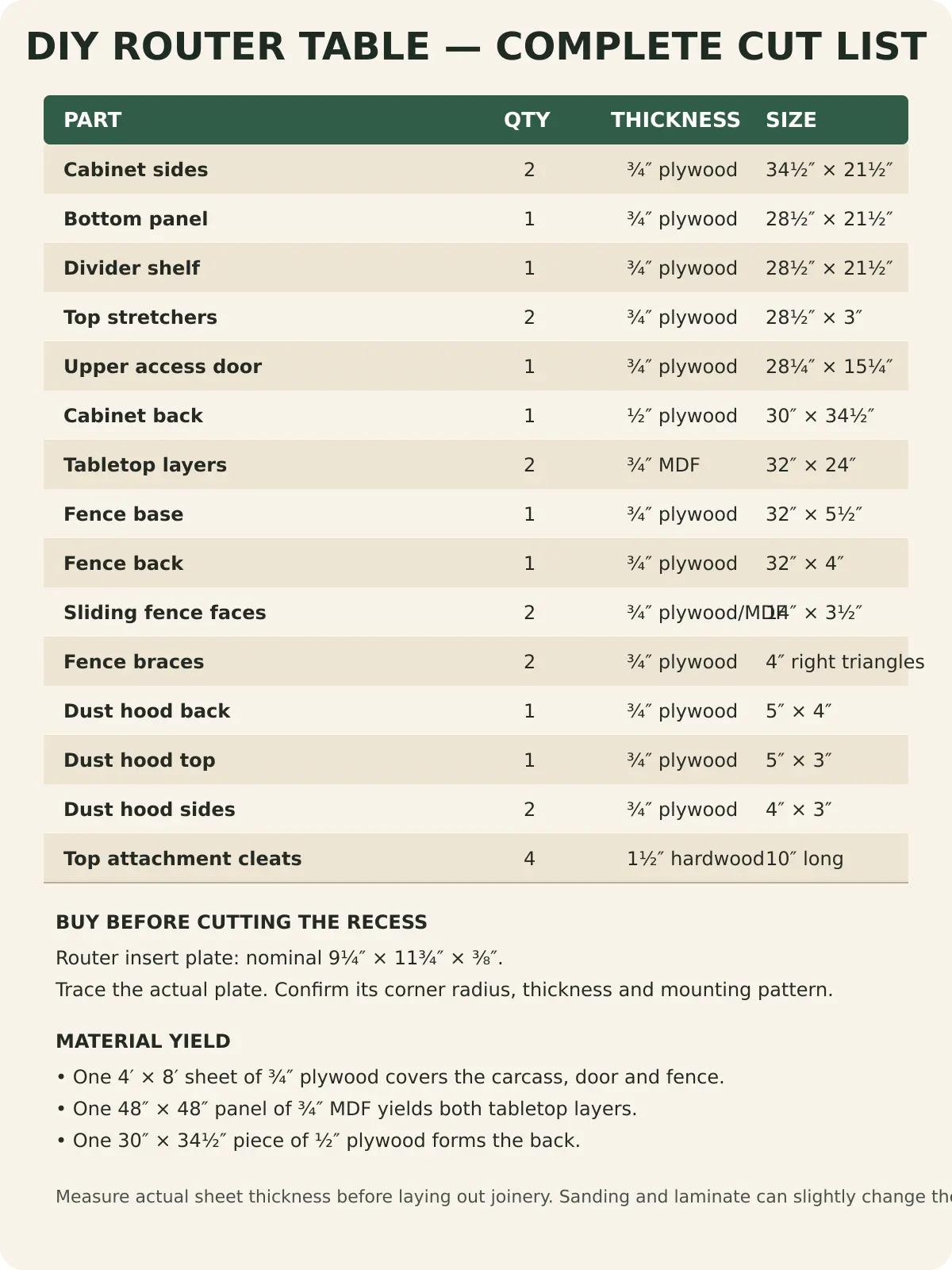 DIY router table cut list diagram with cabinet, tabletop, fence and door measurements
