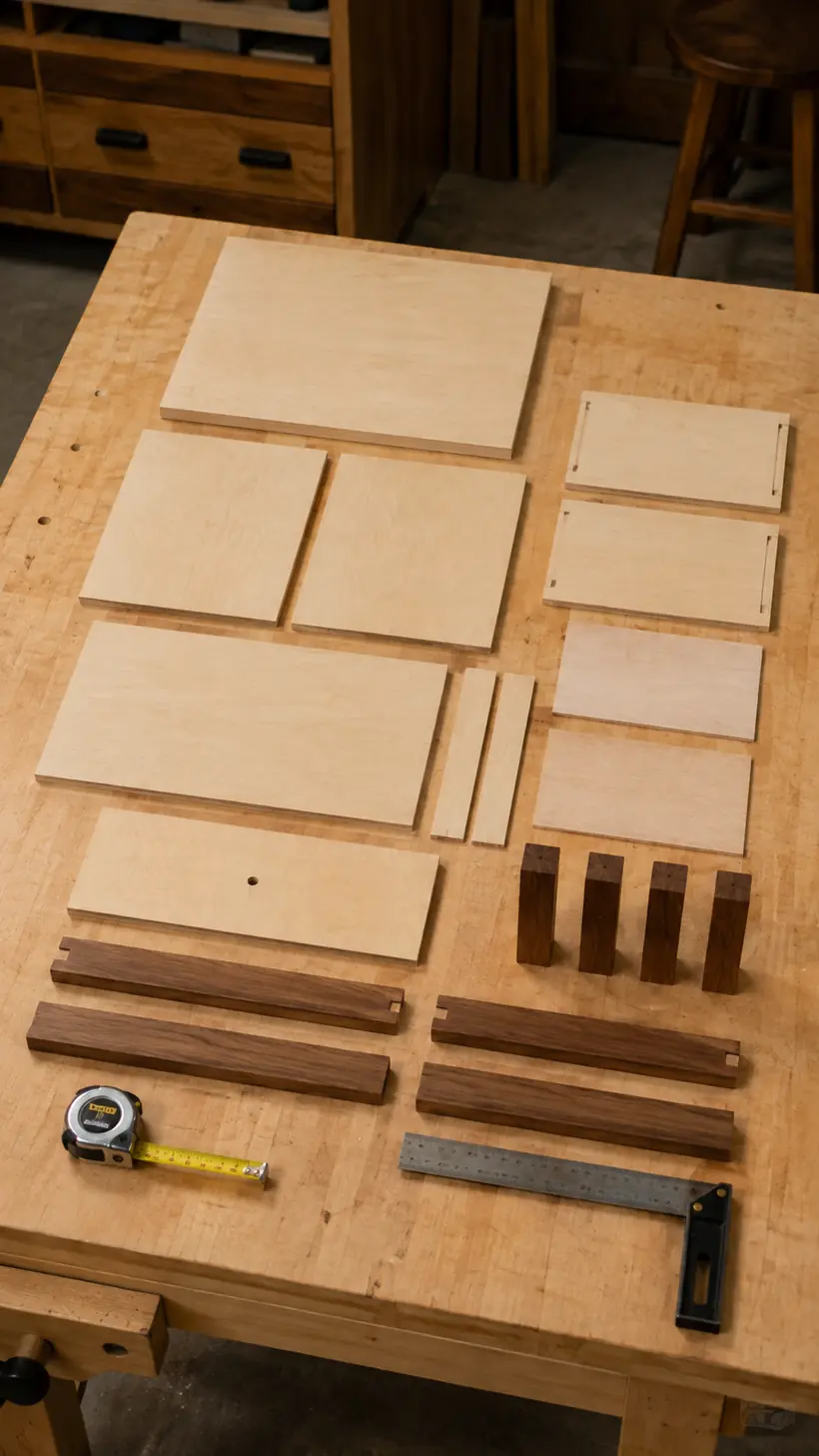 Cut and labeled plywood, legs and apron parts for a DIY nightstand