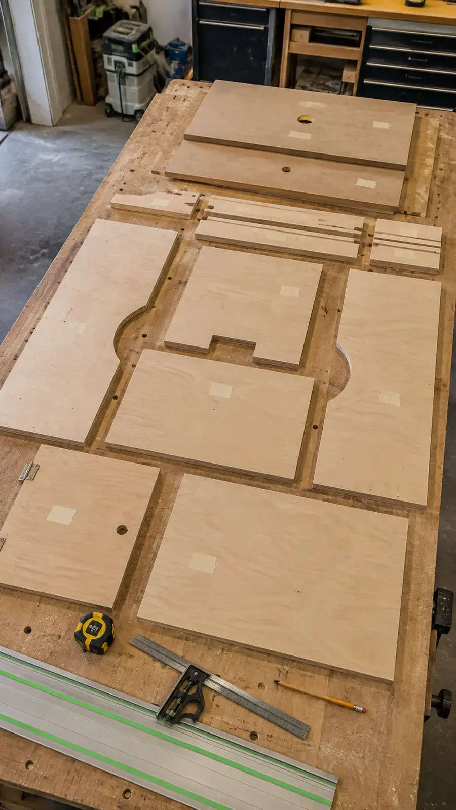 Cut and labeled plywood and MDF parts for a DIY router table