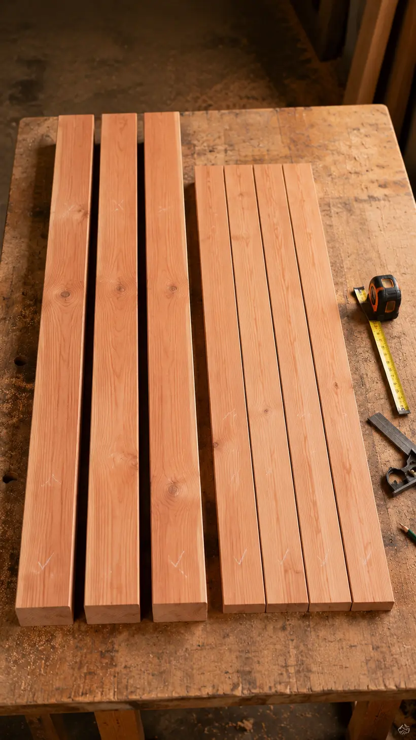 Straight cedar boards being inspected and marked for a wooden garden bench