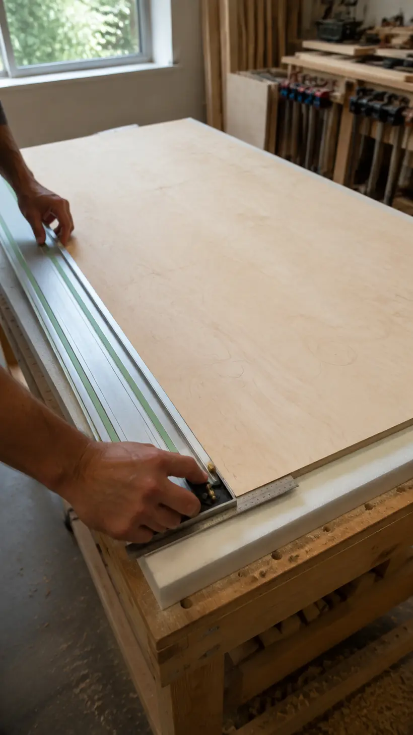 Cabinet-grade plywood being inspected and squared before cutting a rotating bookshelf