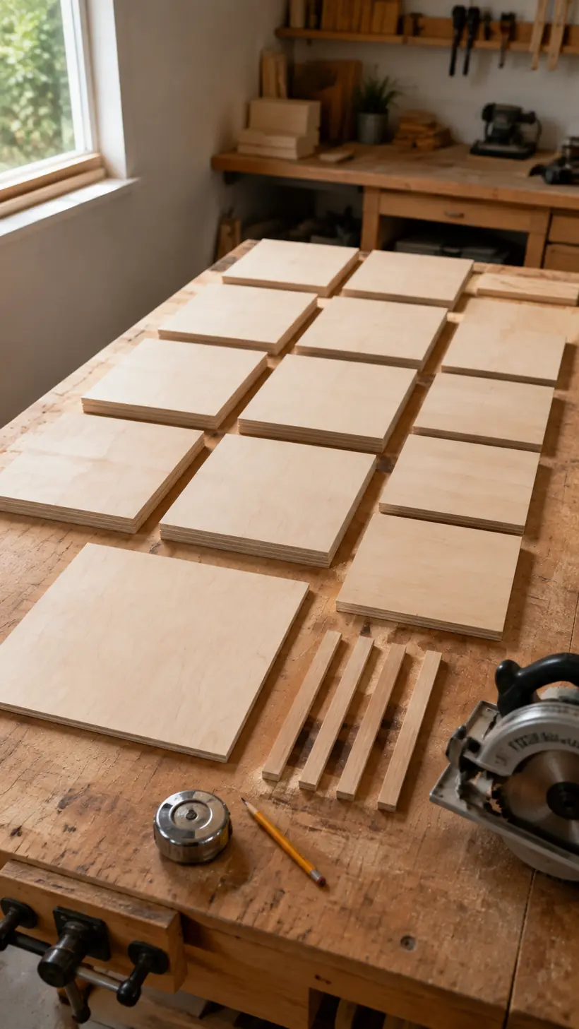 Cut and labeled plywood panels for four rotating bookshelf cubby modules