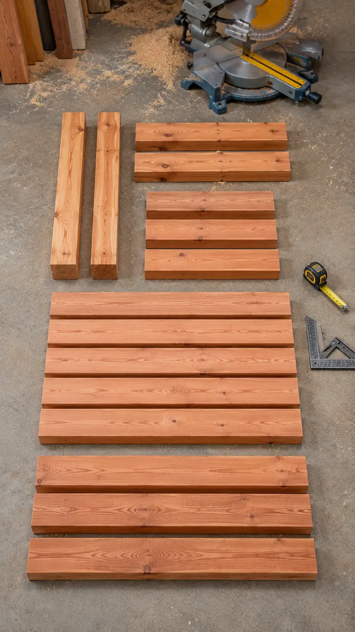 Cut and labeled cedar parts for a wooden garden bench plan