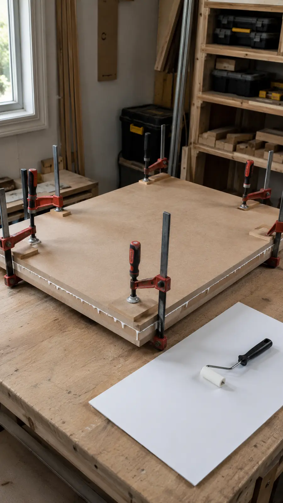 Two MDF layers being laminated to build the router table top