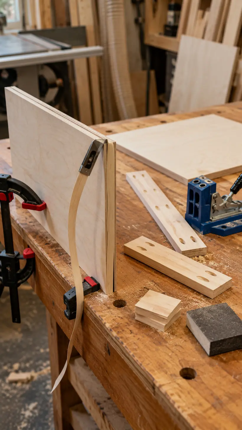 Nightstand plywood edges being banded and pocket holes drilled in the case parts