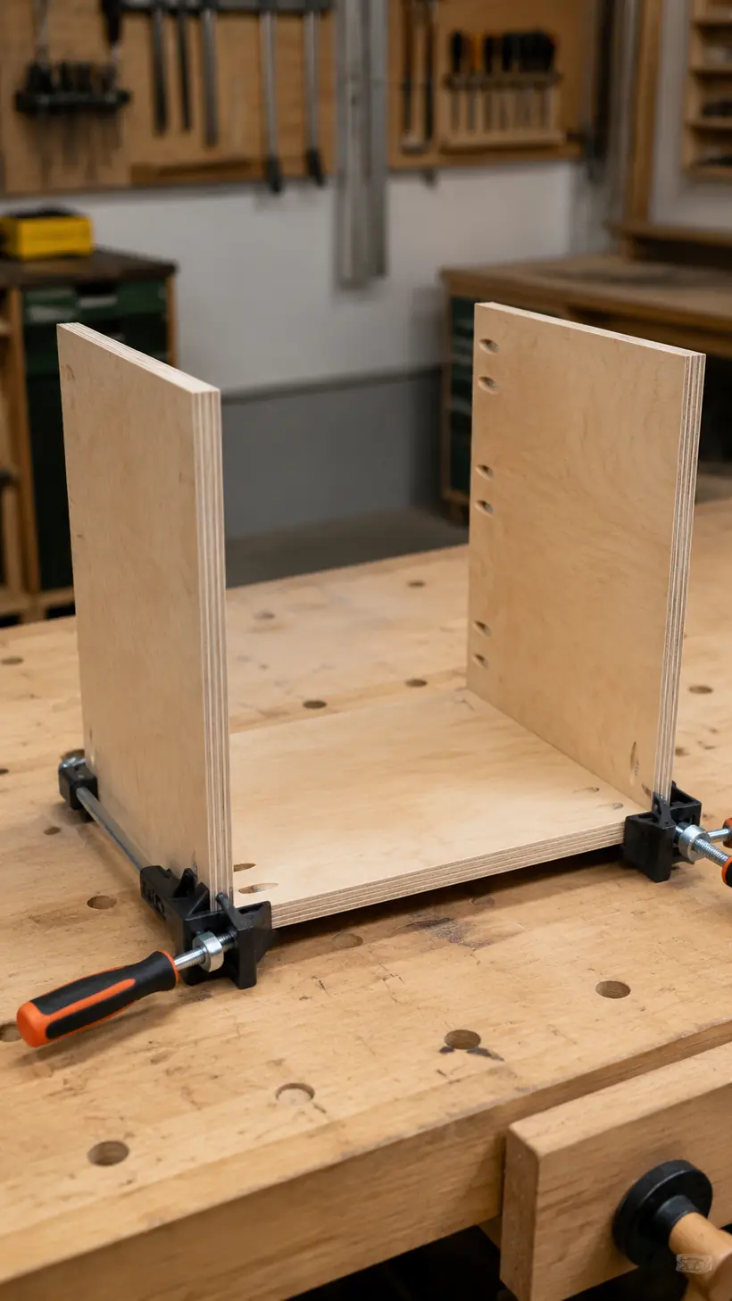 Plywood nightstand case being assembled with the bottom between two side panels