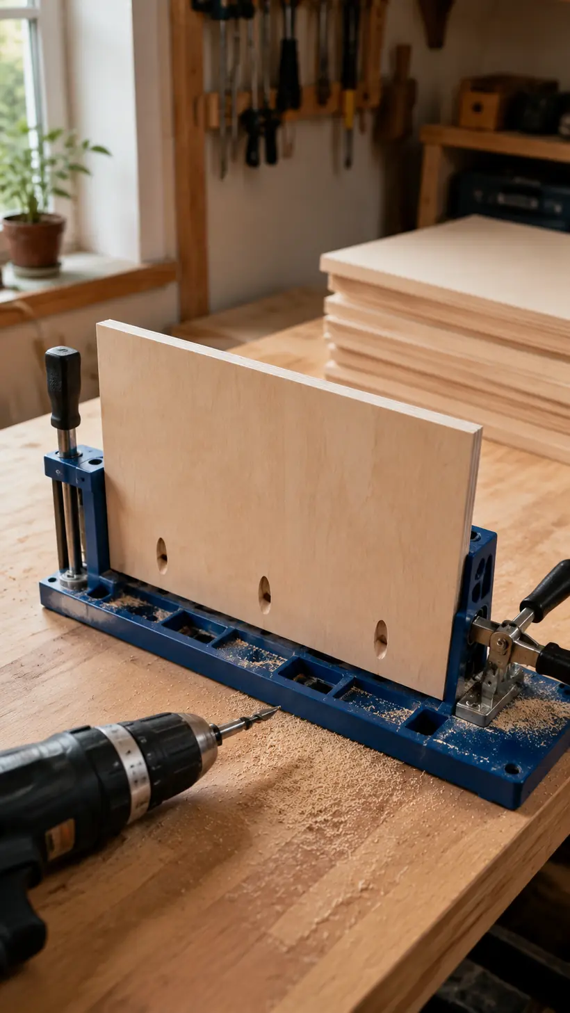 Pocket holes being drilled into 9 inch plywood side panels for a rotating bookshelf