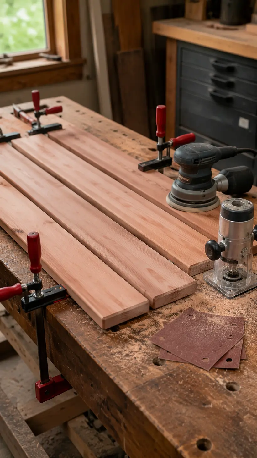Wooden garden bench seat and back slats being rounded and sanded before assembly