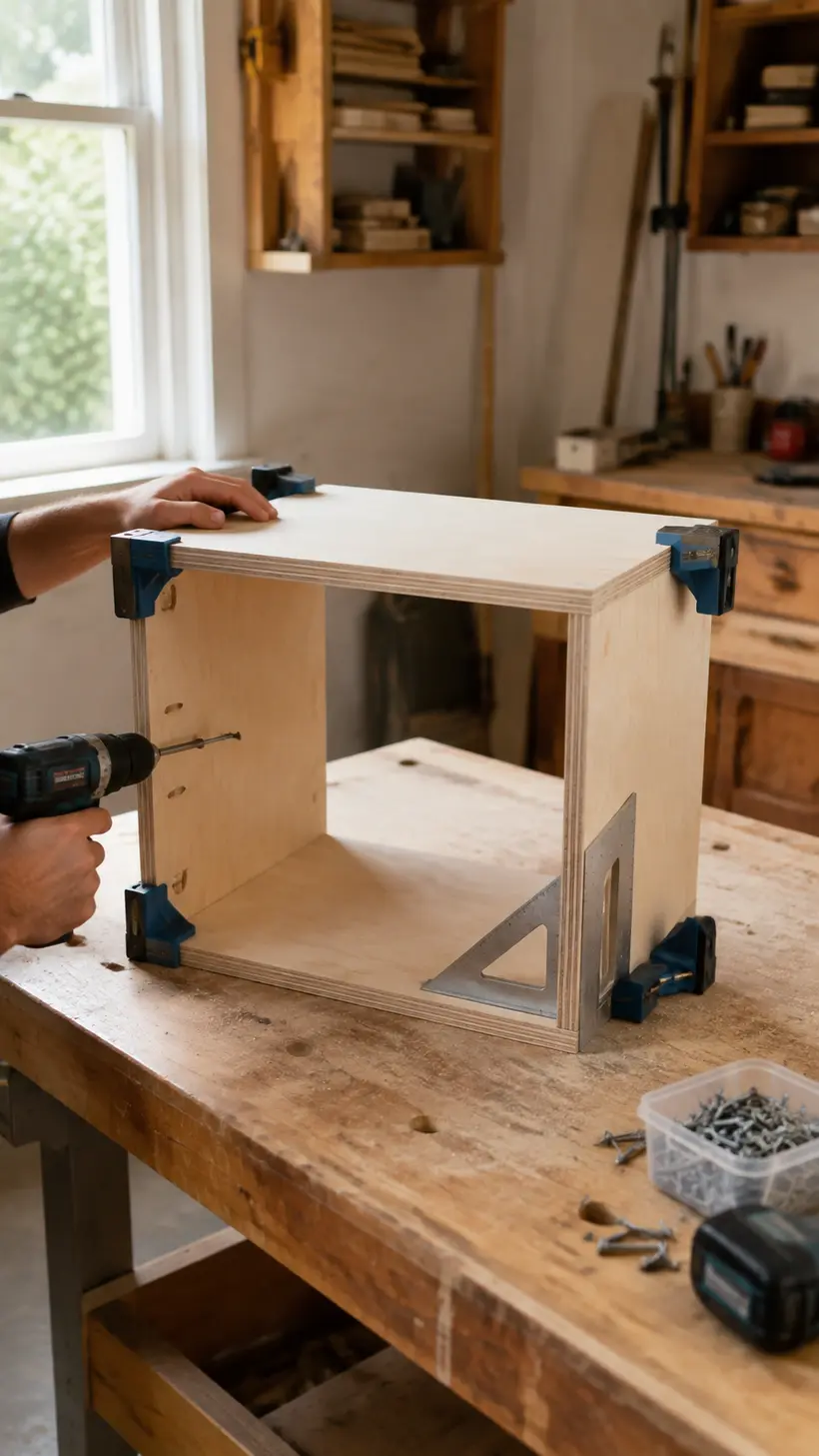 First 18 inch rotating bookshelf cubby being assembled square with clamps