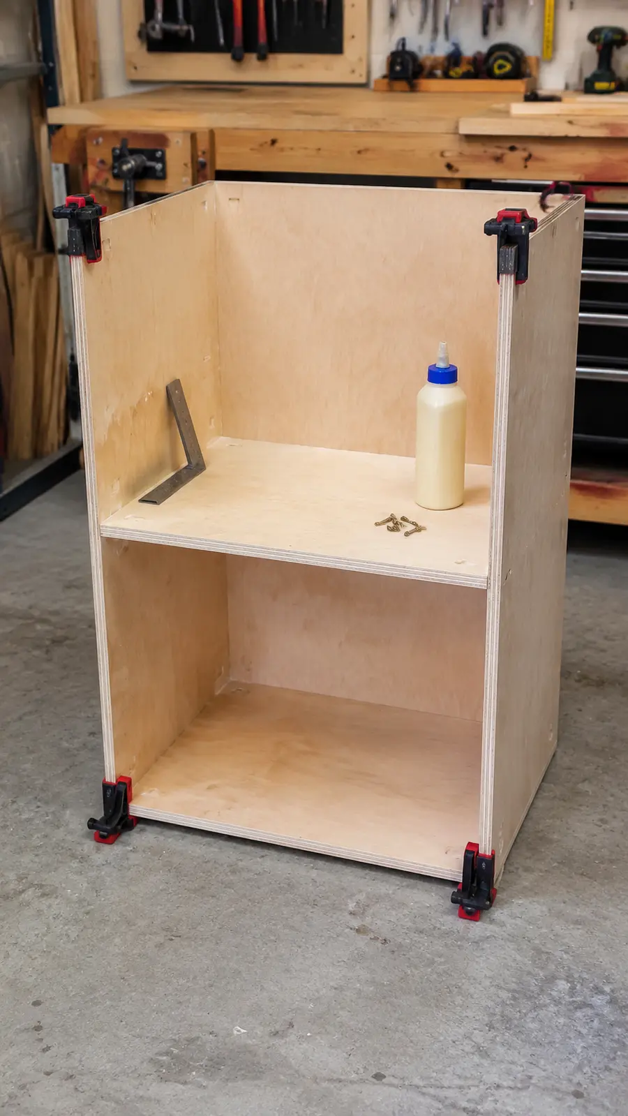 Plywood router table cabinet carcass being assembled square