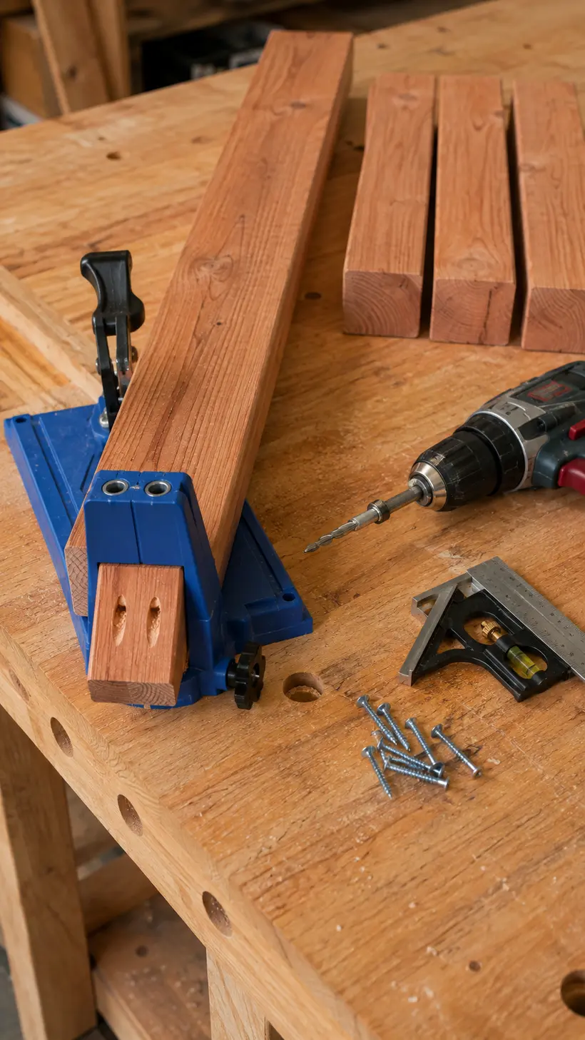 Exterior pocket holes being drilled in the rails for a wooden garden bench
