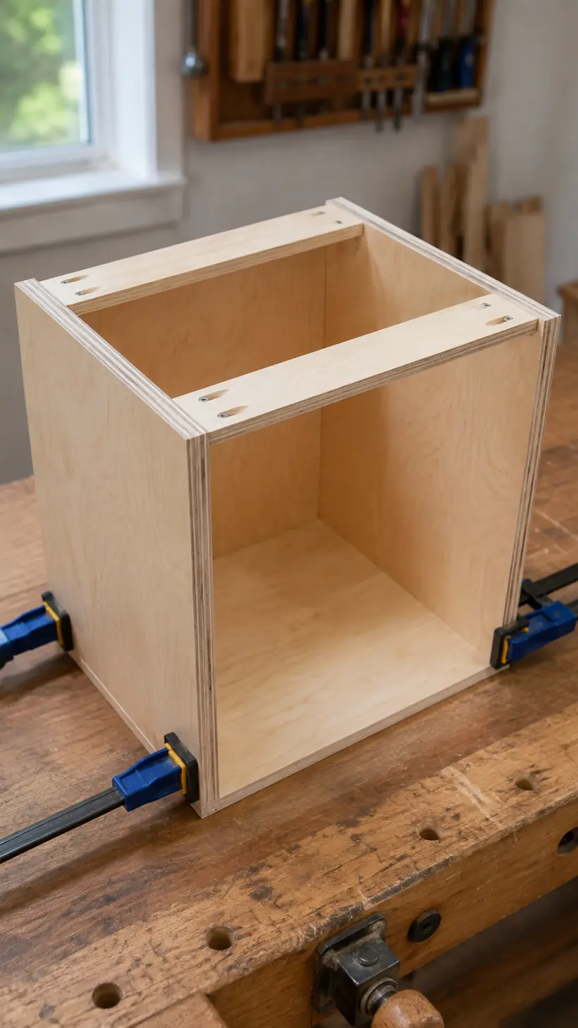 Front and rear top stretchers being installed between the nightstand side panels
