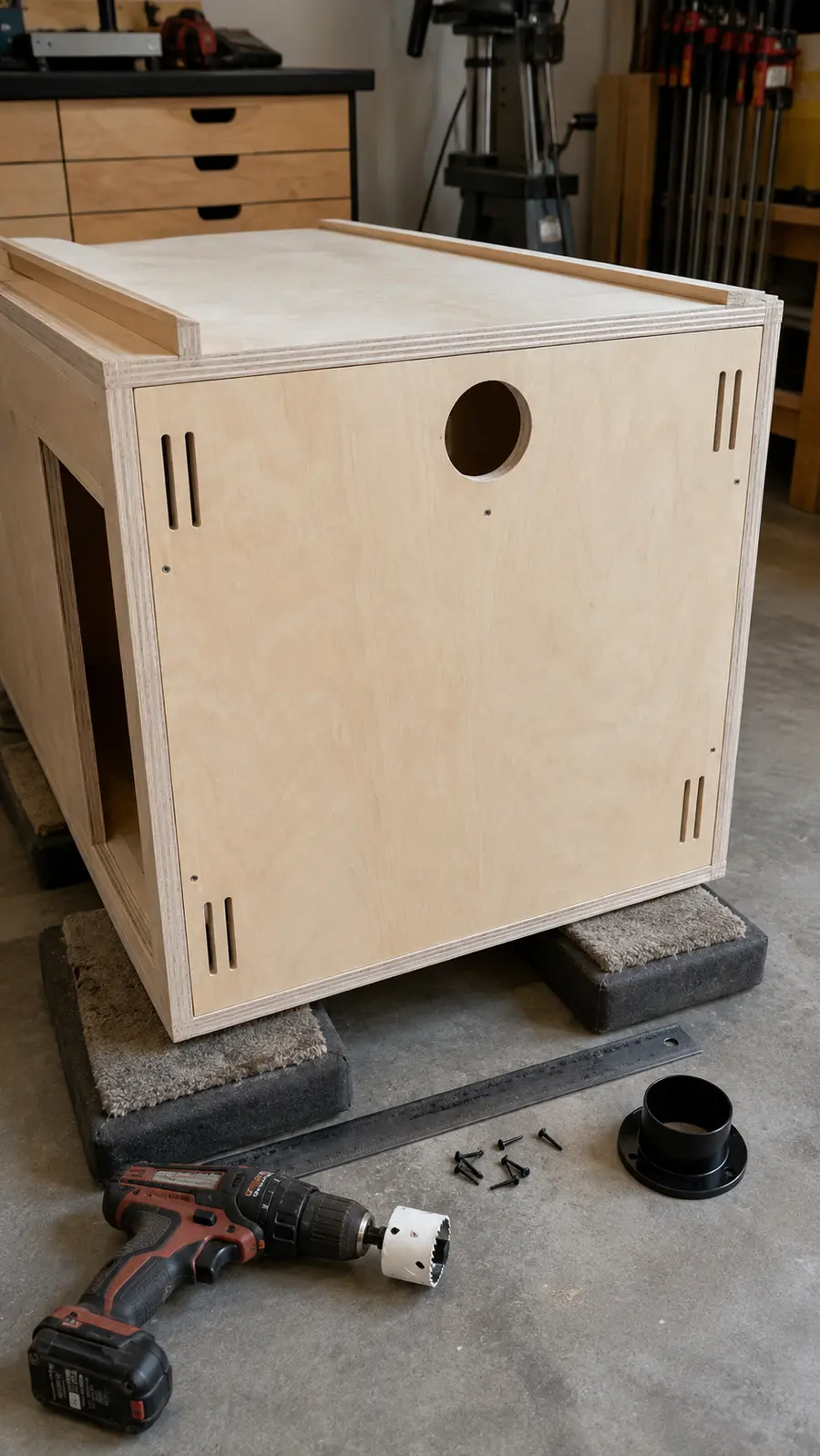 Router table back panel with dust port and ventilation openings