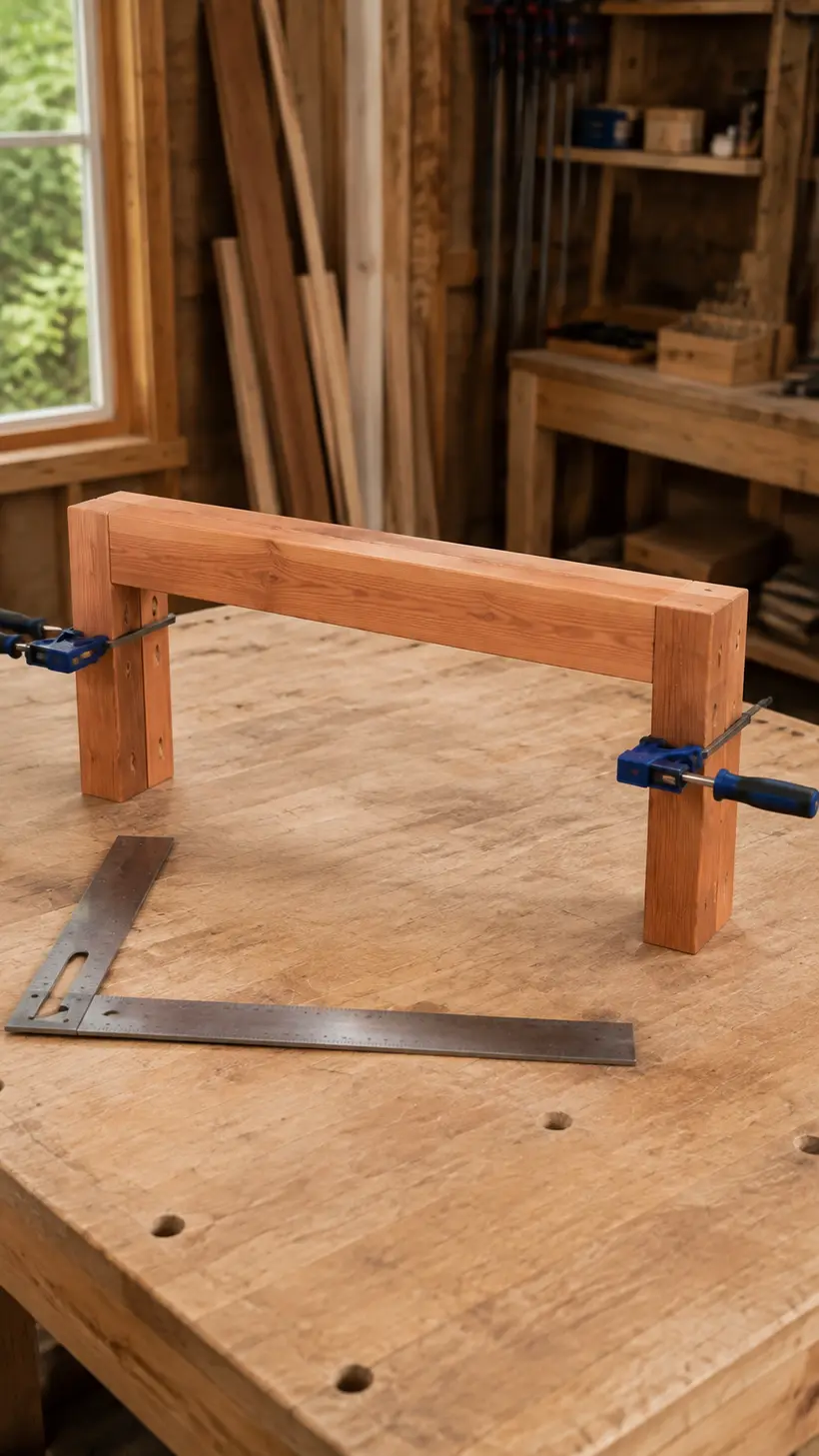 Front legs and 45 inch front rail being assembled for a wooden garden bench