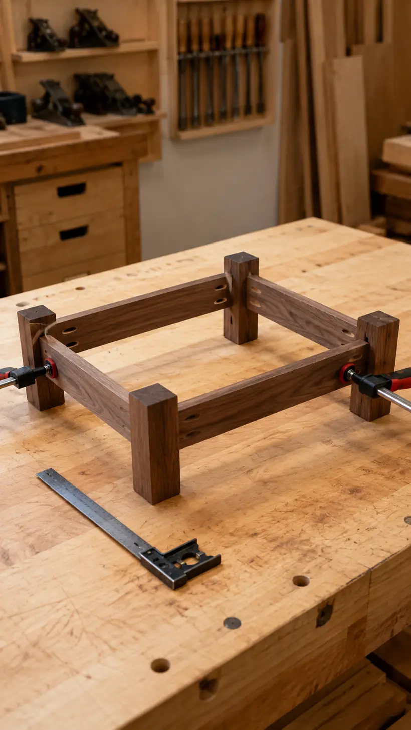 Four nightstand legs and 1x3 aprons being assembled into a square base frame