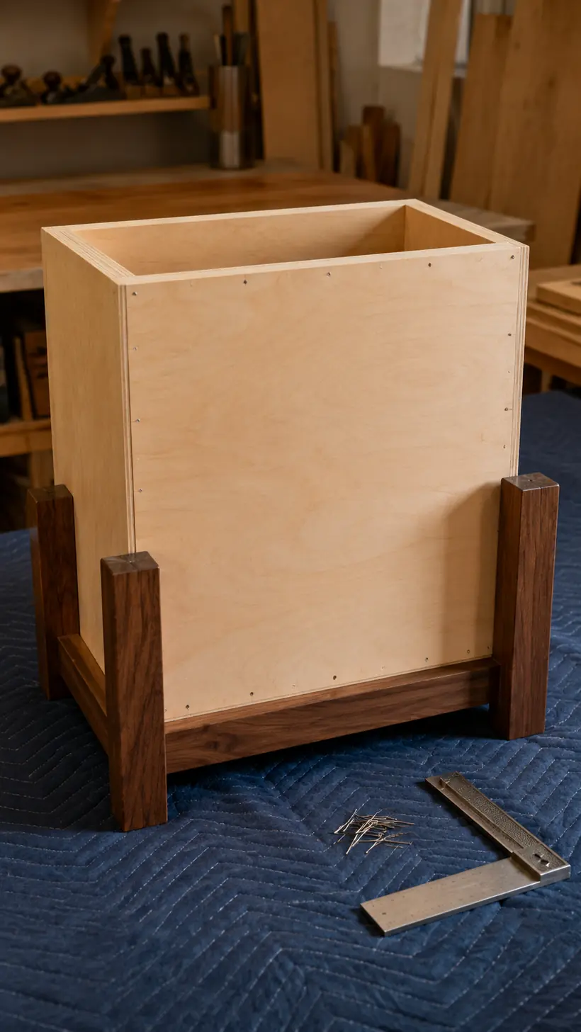 Quarter inch plywood back panel being attached to the squared nightstand case