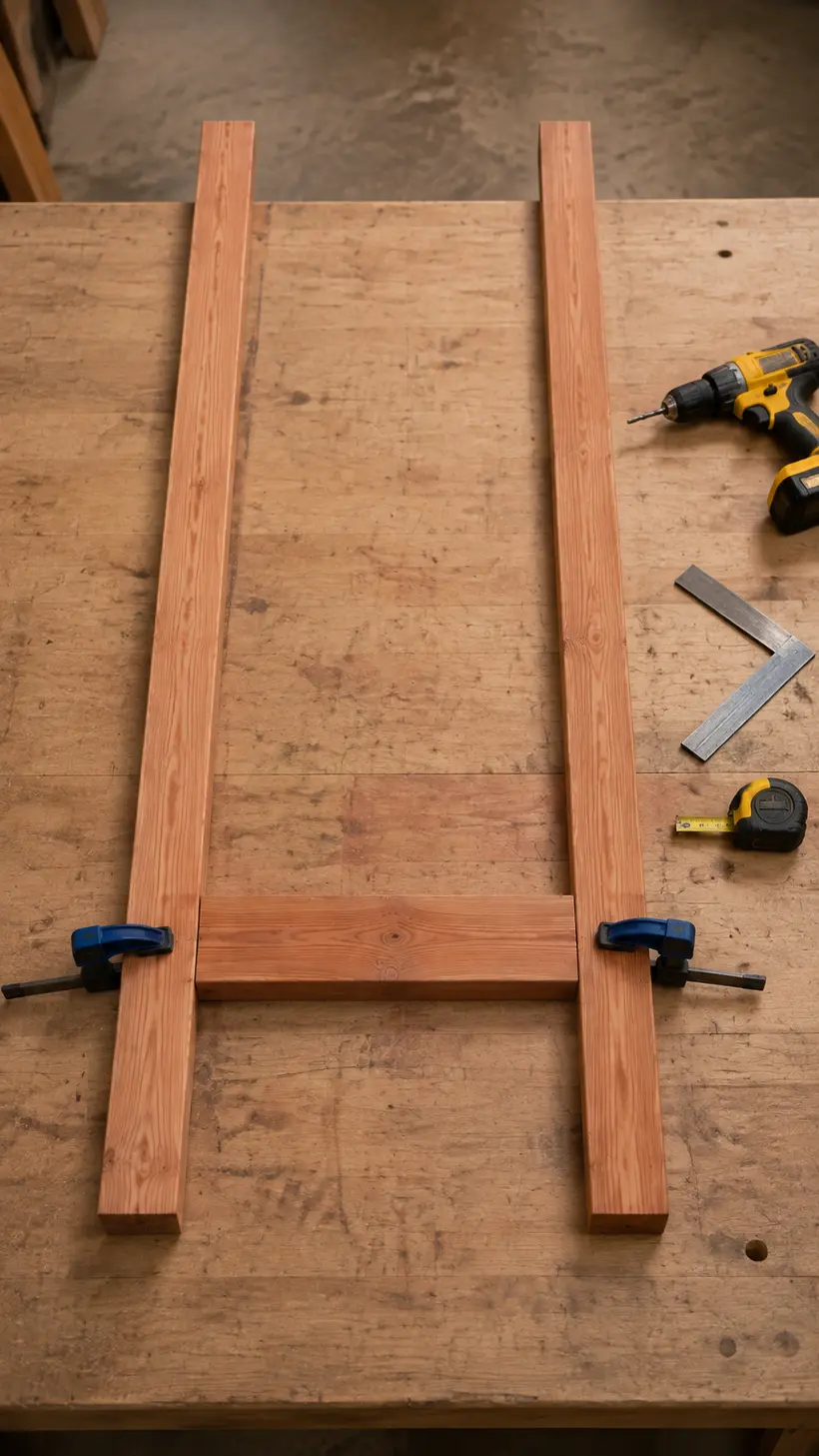 Two tall rear posts and rear rail being assembled for a wooden garden bench