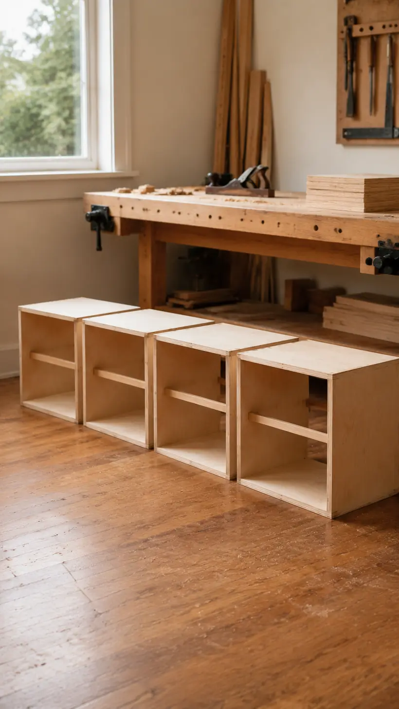 Four matching square plywood cubby modules for a rotating bookshelf