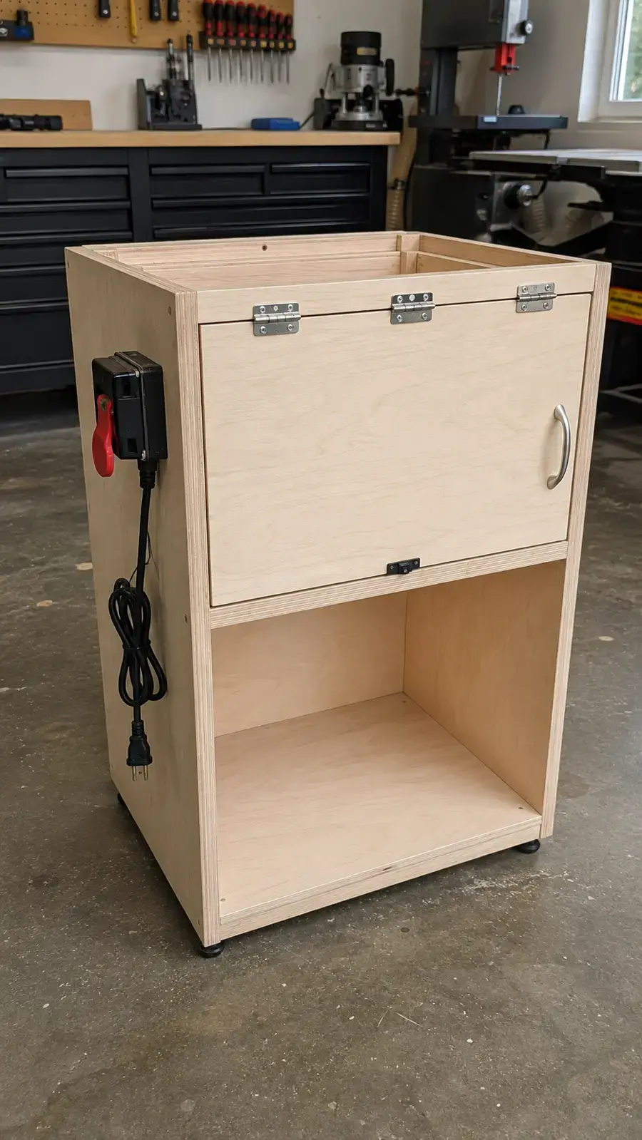 Router table cabinet door and external safety switch installation