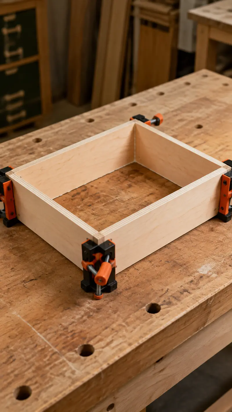 Half inch plywood nightstand drawer box being glued and assembled square