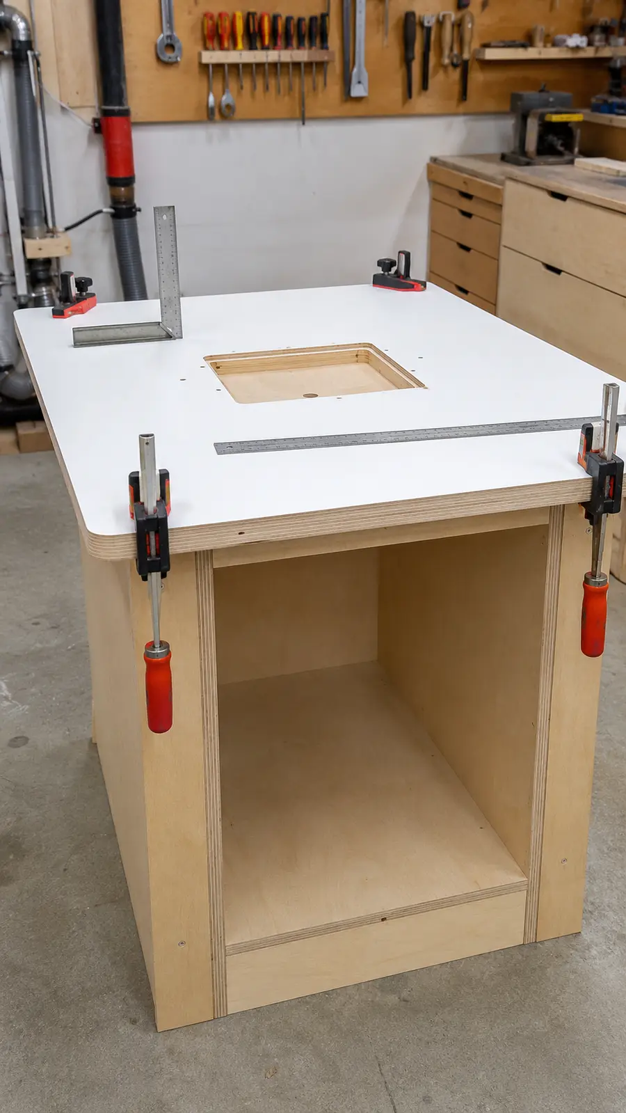 Double-layer router table top centered and attached to the cabinet