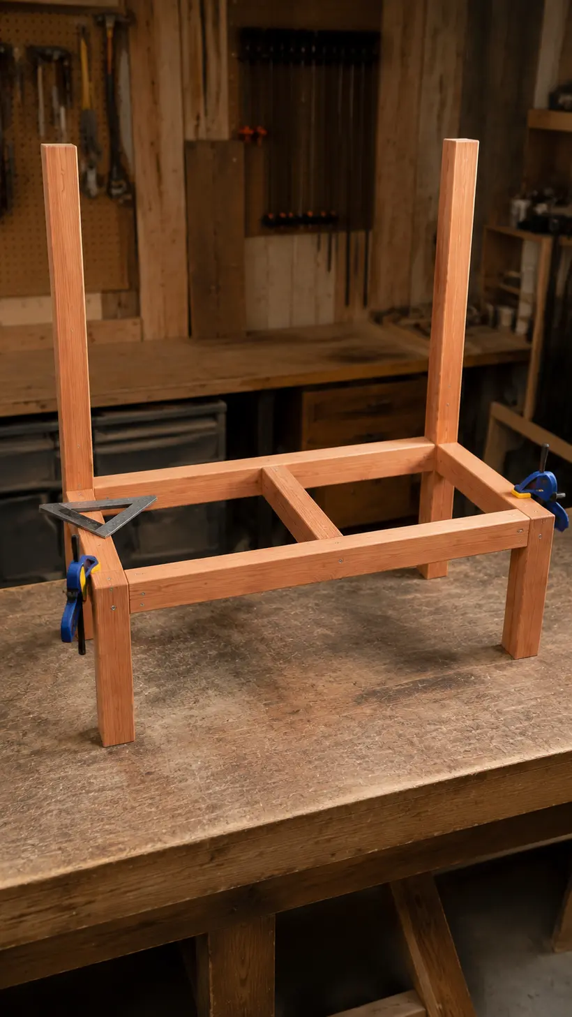 Front and rear wooden garden bench frames being joined by two side rails and a center support
