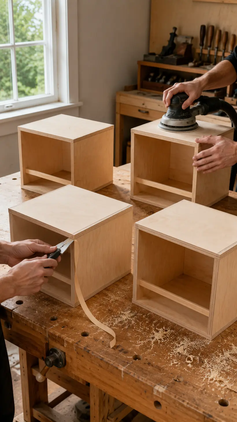 Rotating bookshelf cubby modules being sanded and edge banded before stacking