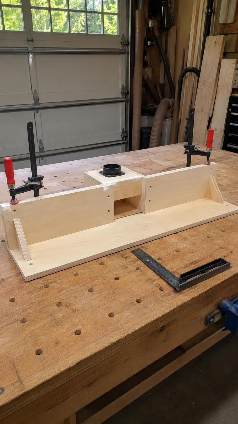 Adjustable router table fence and dust hood being assembled