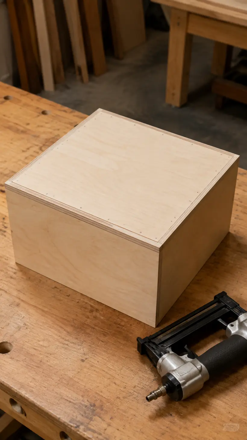 Quarter inch plywood bottom being attached beneath the square nightstand drawer box