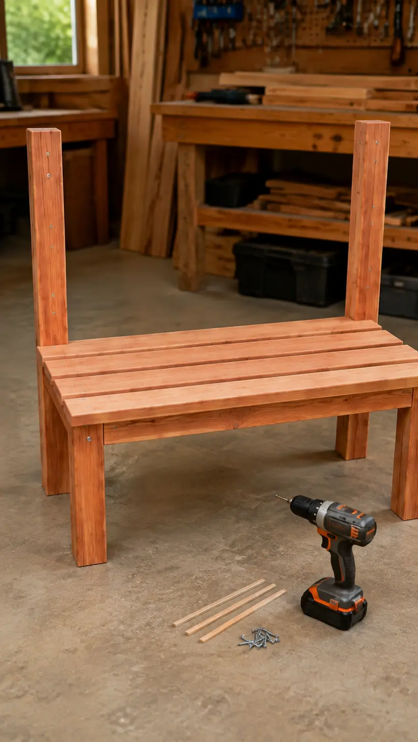 Five cedar seat slats being installed with one eighth inch gaps on a wooden garden bench