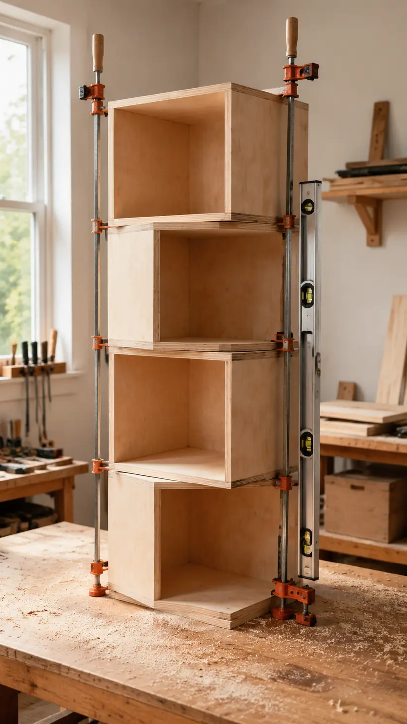 Four plywood cubby modules being stacked with alternating openings for a rotating bookshelf