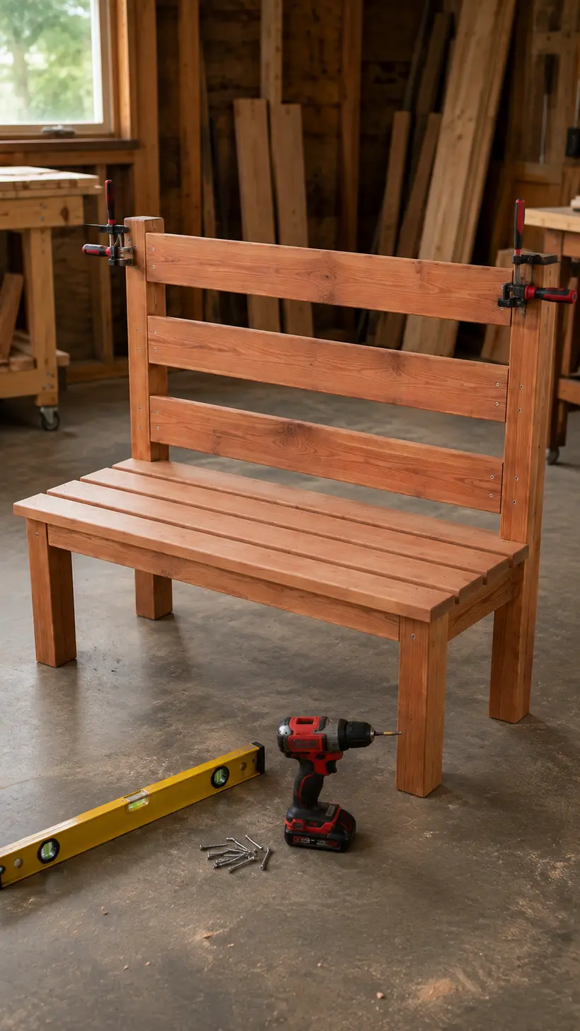 Three horizontal back slats being attached to the rear posts of a wooden garden bench