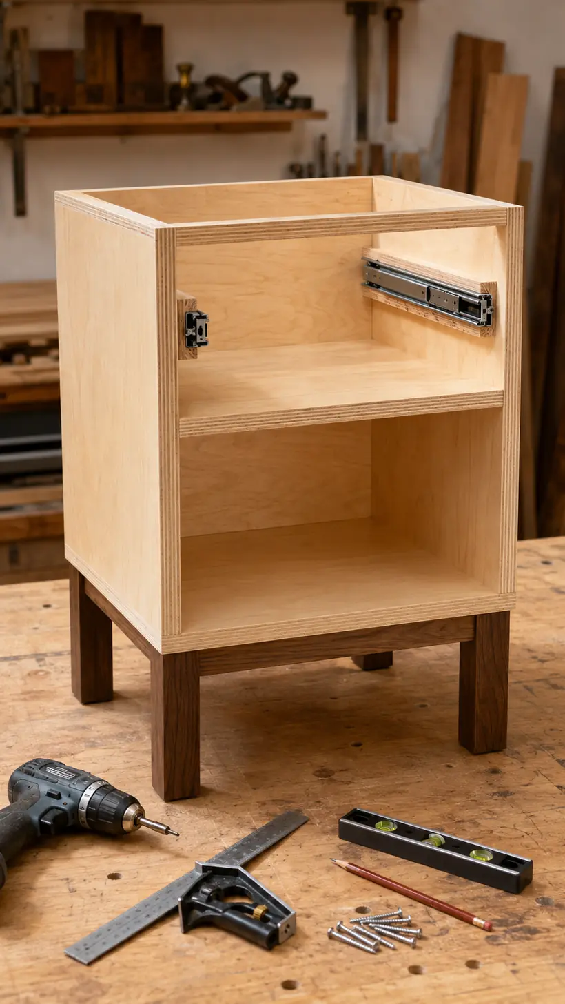 Fourteen inch side mount drawer slides being aligned inside the nightstand cabinet