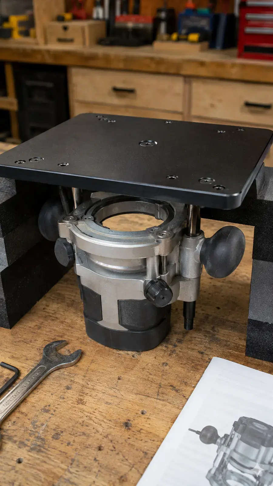 Router mounted securely to the insert plate beneath the table