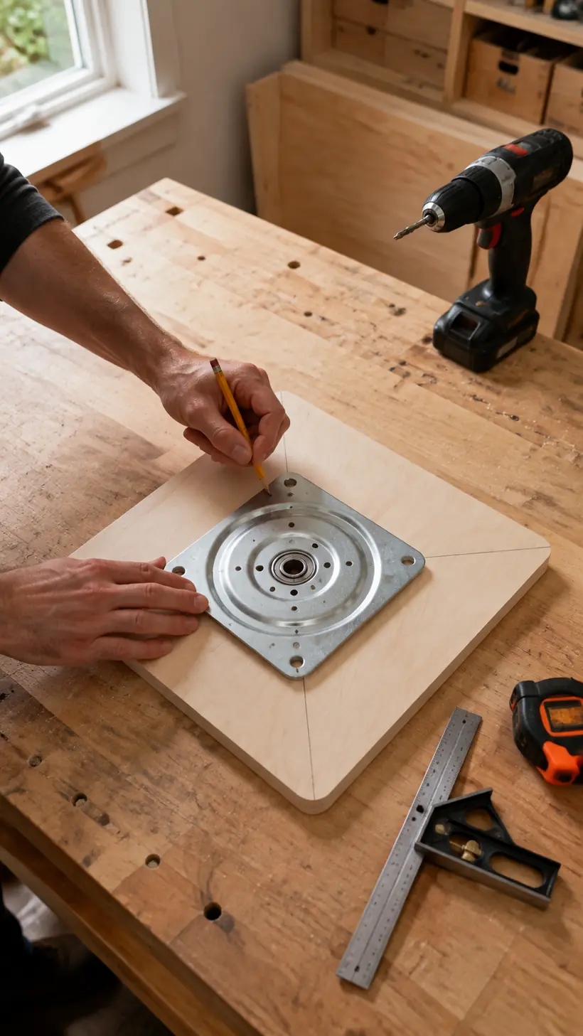 A 22 inch plywood base being marked and drilled for a Lazy Susan bearing