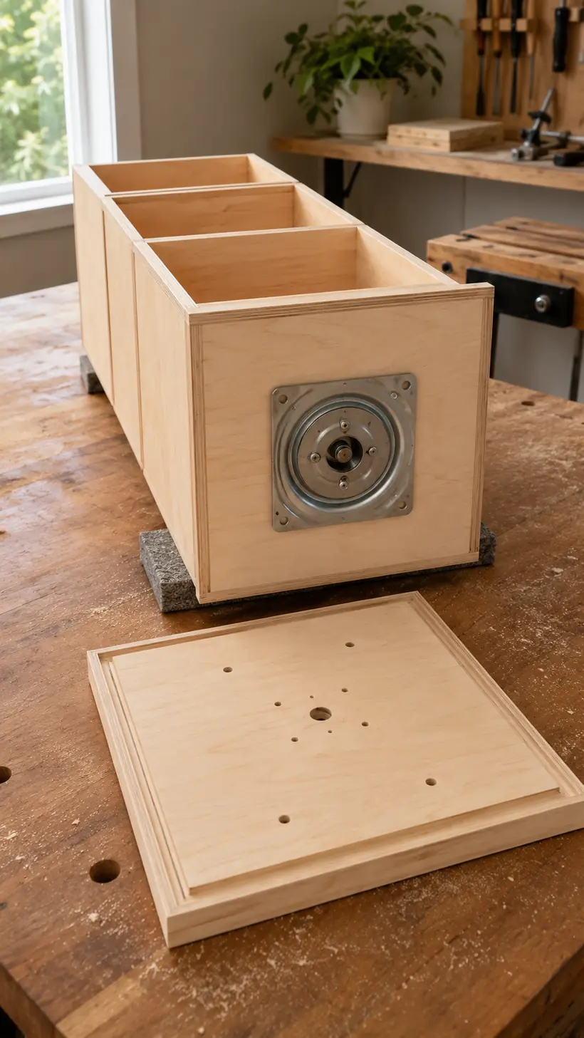 A heavy-duty Lazy Susan bearing being centered beneath an 18 inch rotating bookshelf tower