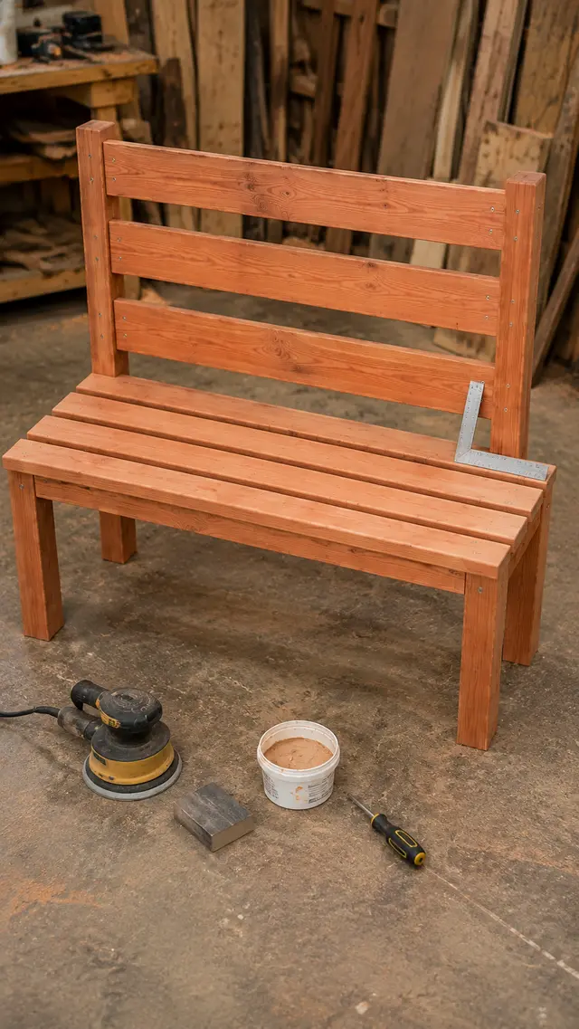 Assembled wooden garden bench being filled, sanded and checked for square