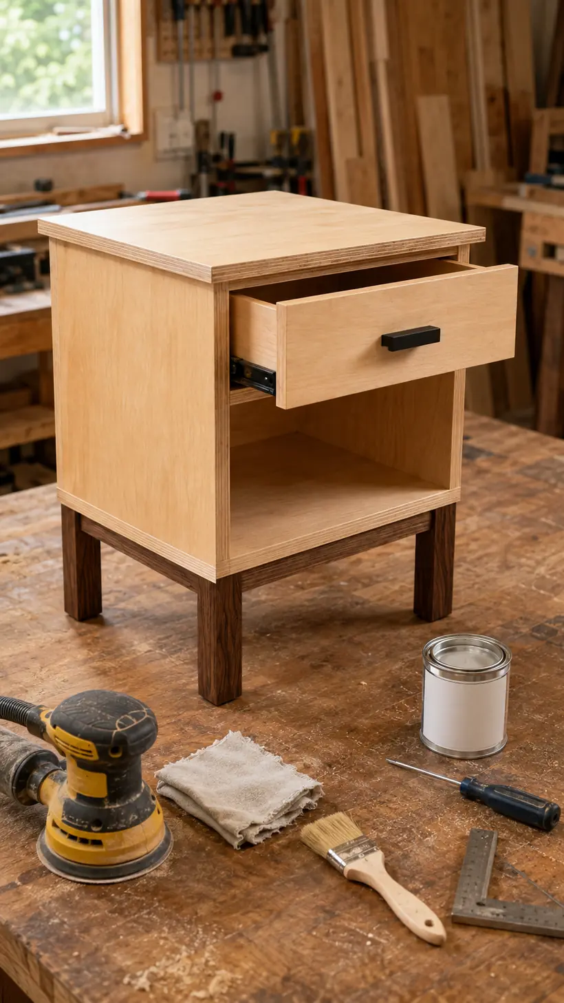 Completed DIY nightstand being checked after its top, drawer and finish are installed