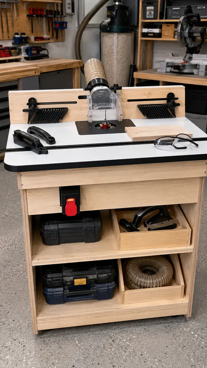 Completed DIY router table undergoing its final safety and dust collection test